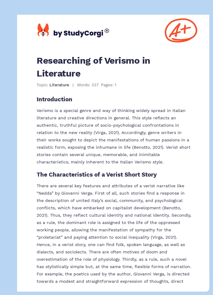 Researching of Verismo in Literature. Page 1