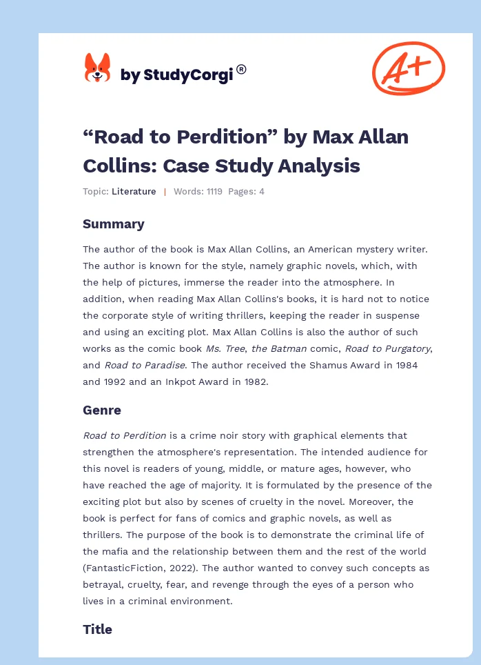 “Road to Perdition” by Max Allan Collins: Case Study Analysis. Page 1