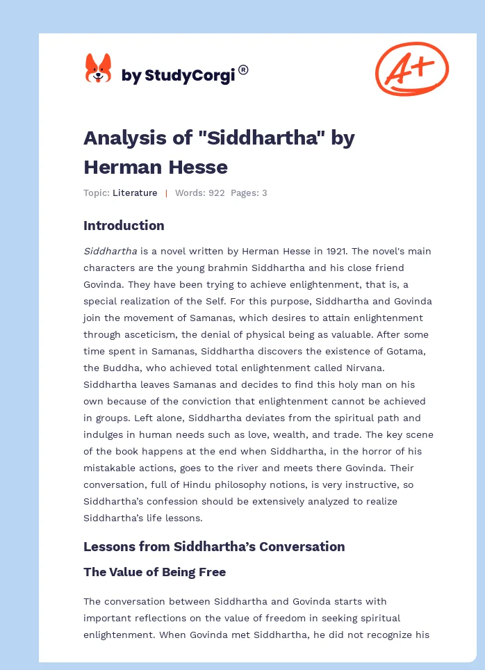 Analysis of "Siddhartha" by Herman Hesse. Page 1