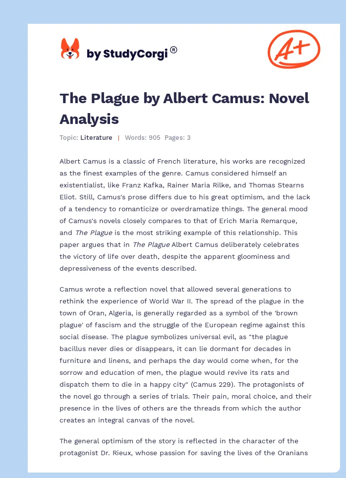 The Plague by Albert Camus: Novel Analysis. Page 1