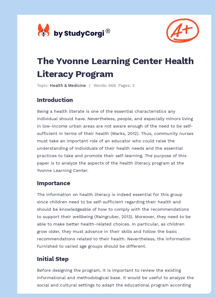 The Yvonne Learning Center Health Literacy Program. Page 1