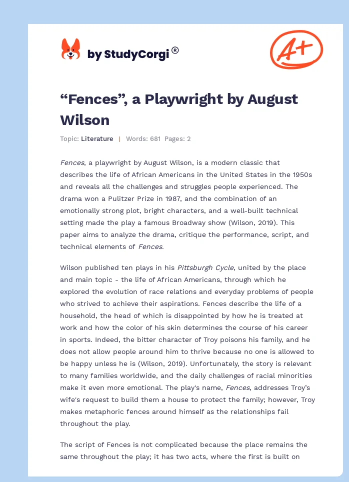 “Fences”, a Playwright by August Wilson. Page 1