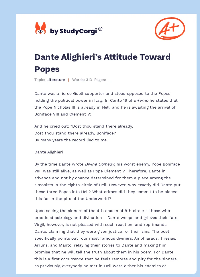 Dante Alighieri’s Attitude Toward Popes. Page 1