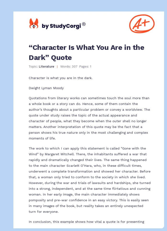 “Character Is What You Are in the Dark” Quote. Page 1