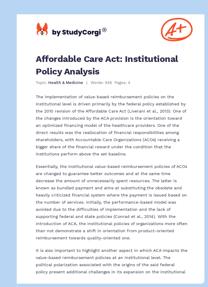 Affordable Care Act: Institutional Policy Analysis. Page 1