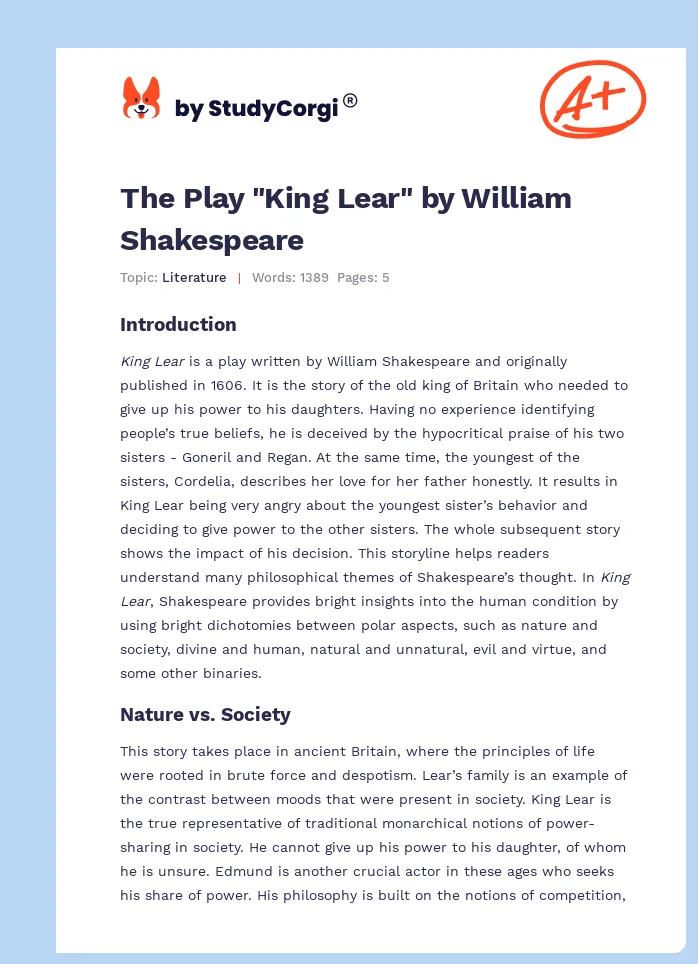 The Play "King Lear" by William Shakespeare. Page 1