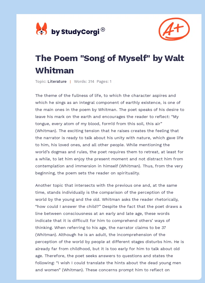 The Poem "Song of Myself" by Walt Whitman. Page 1