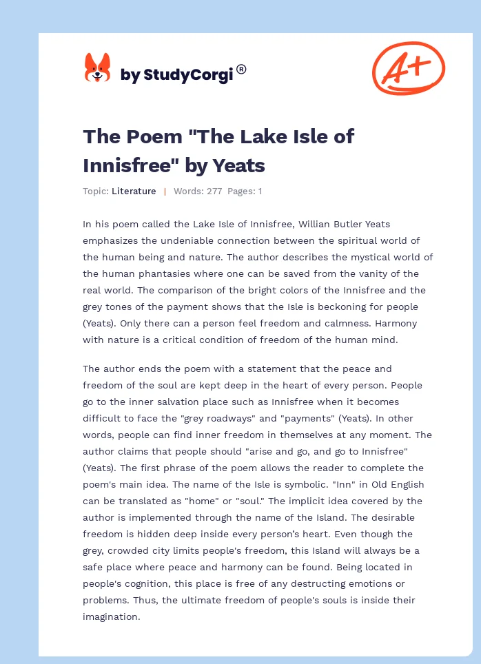 The Poem "The Lake Isle of Innisfree" by Yeats. Page 1