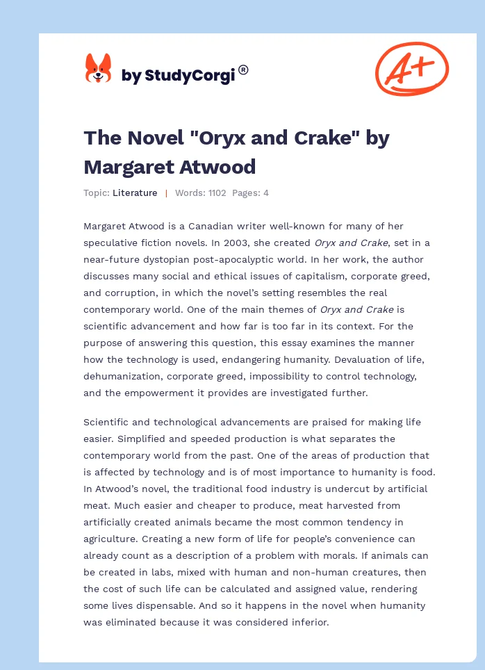 The Novel "Oryx and Crake" by Margaret Atwood. Page 1