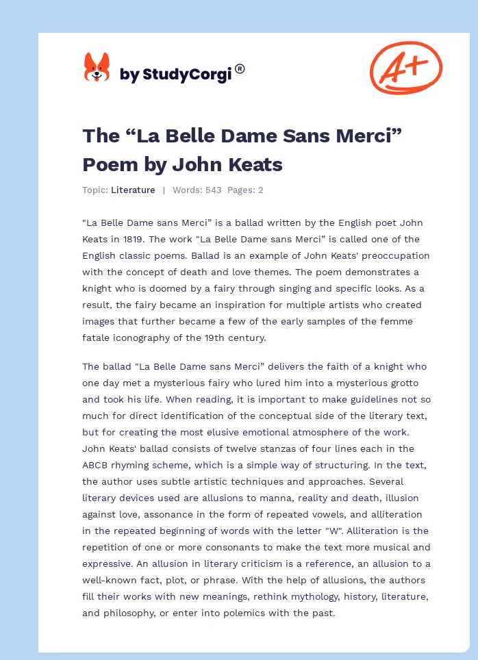 The “La Belle Dame Sans Merci” Poem by John Keats. Page 1