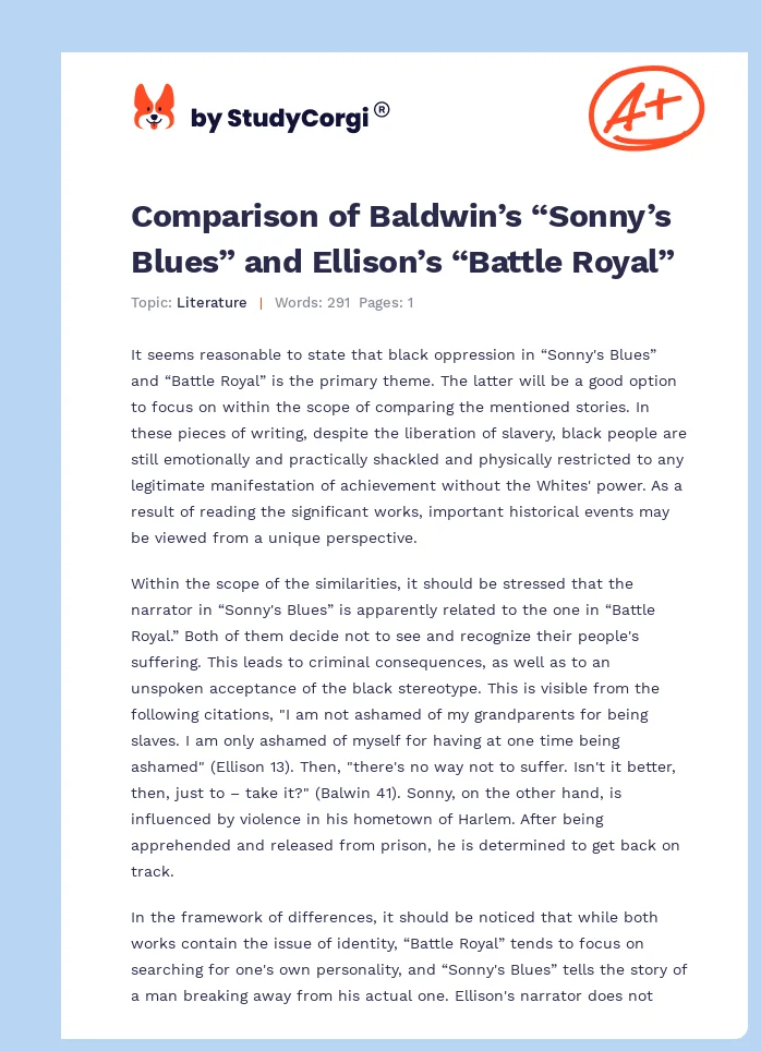 Comparison of Baldwin’s “Sonny’s Blues” and Ellison’s “Battle Royal”. Page 1