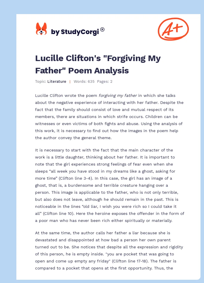 Lucille Clifton's "Forgiving My Father" Poem Analysis. Page 1