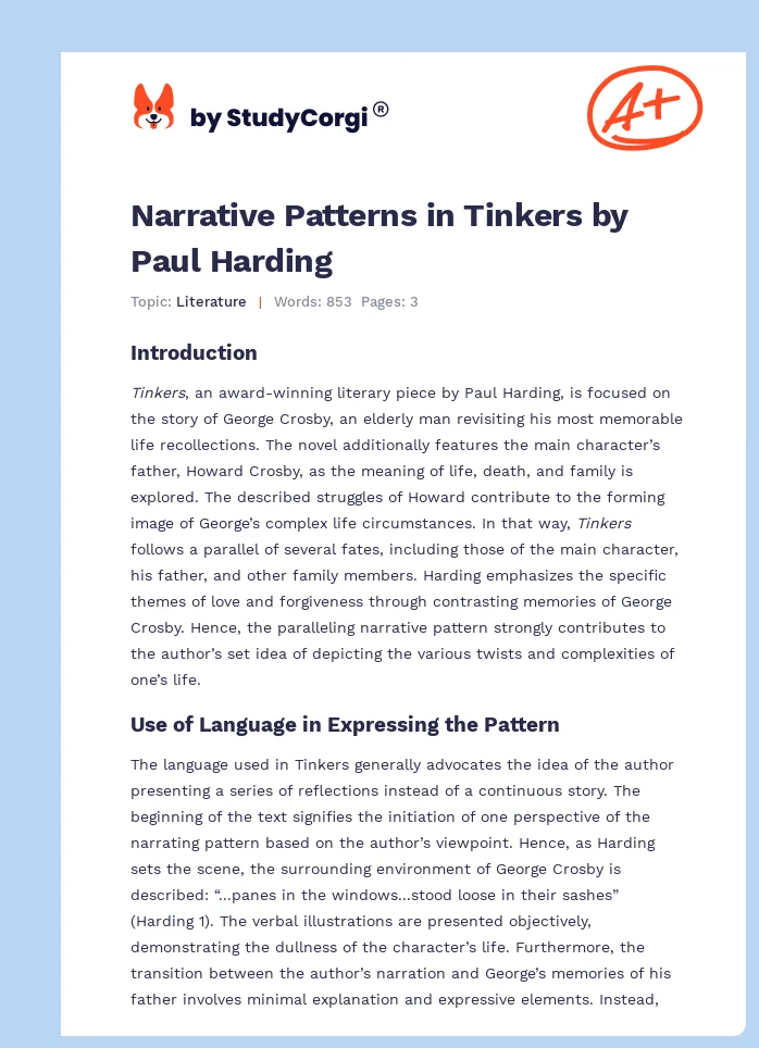 Narrative Patterns in Tinkers by Paul Harding. Page 1