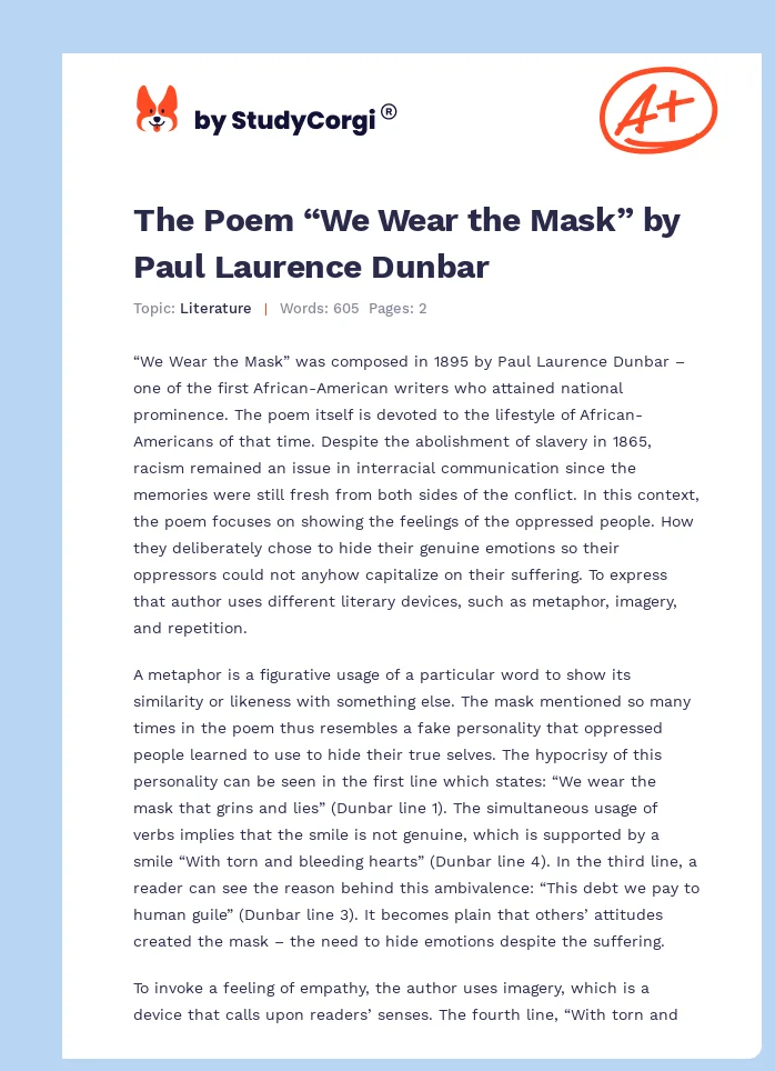 The Poem “We Wear the Mask” by Paul Laurence Dunbar. Page 1