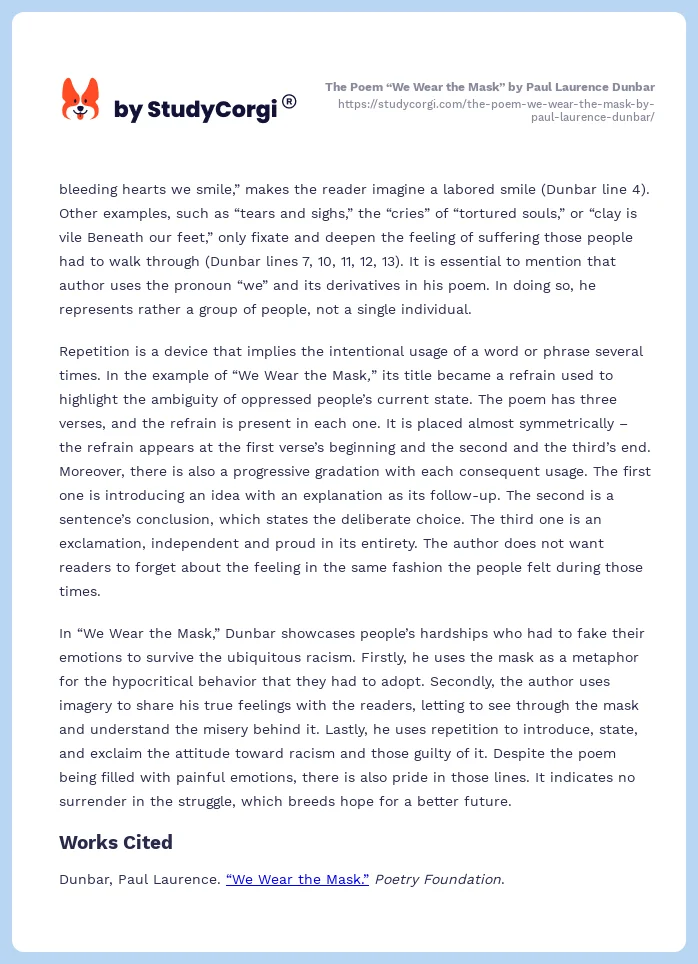 The Poem “We Wear the Mask” by Paul Laurence Dunbar. Page 2