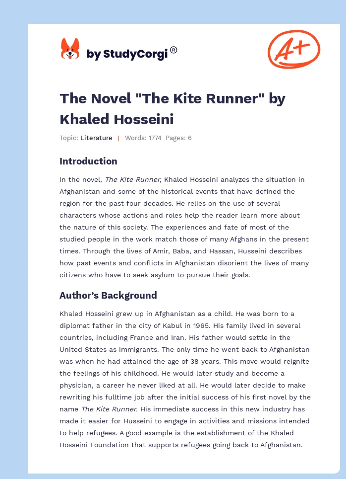 The Novel "The Kite Runner" by Khaled Hosseini. Page 1