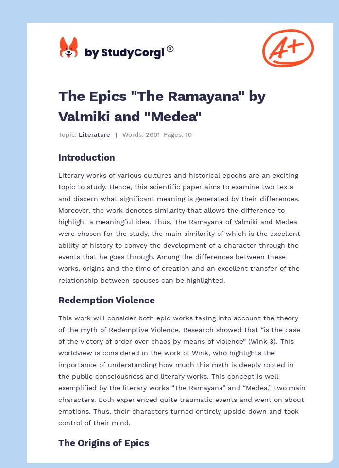 The Epics "The Ramayana" by Valmiki and "Medea". Page 1