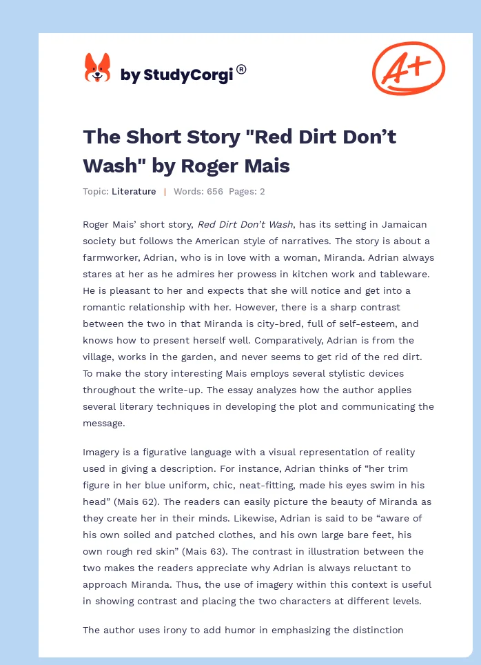 The Short Story "Red Dirt Don’t Wash" by Roger Mais. Page 1