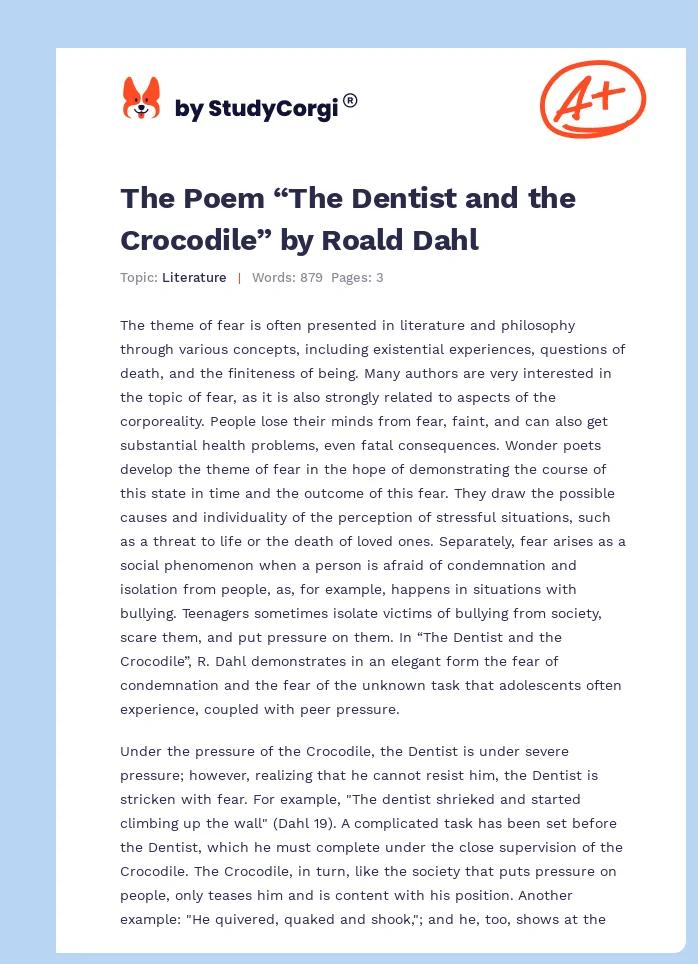 The Poem “The Dentist and the Crocodile” by Roald Dahl. Page 1