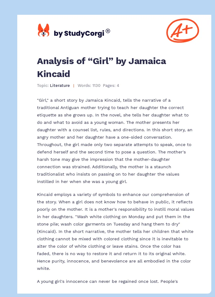 Analysis of “Girl” by Jamaica Kincaid. Page 1