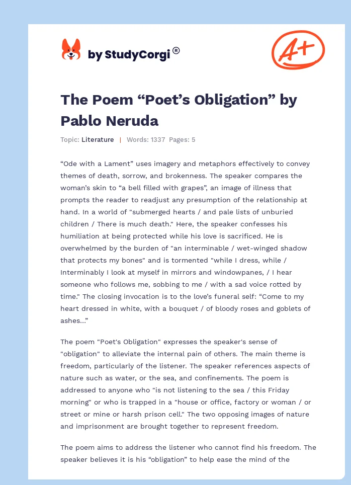 The Poem “Poet’s Obligation” by Pablo Neruda. Page 1