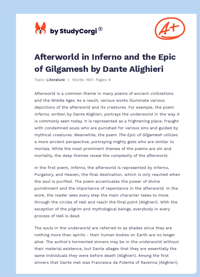 Afterworld in Inferno and the Epic of Gilgamesh by Dante Alighieri. Page 1