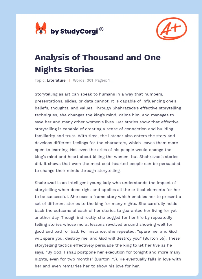 Analysis of Thousand and One Nights Stories. Page 1