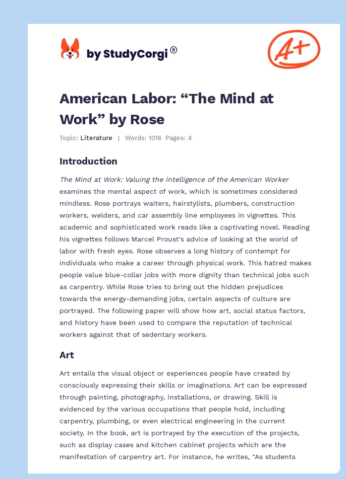 American Labor: “The Mind at Work” by Rose. Page 1