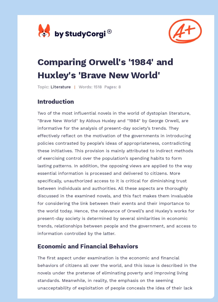 Comparing Orwell's '1984' and Huxley's 'Brave New World'. Page 1