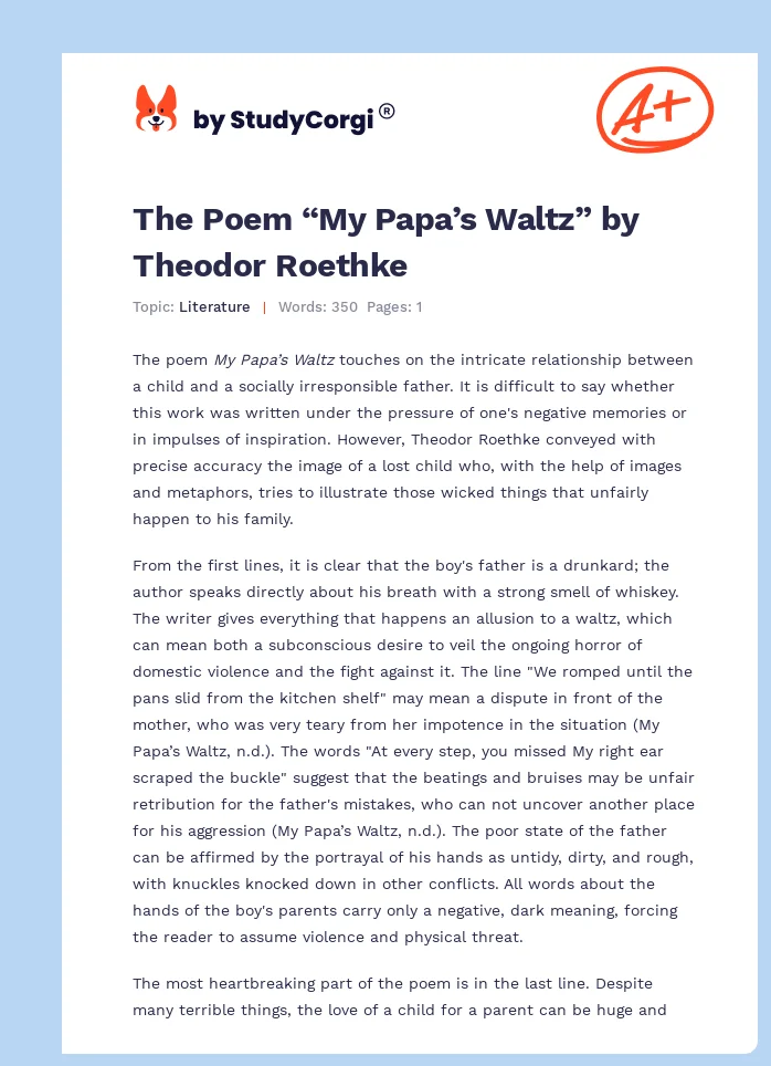 The Poem “My Papa’s Waltz” by Theodor Roethke. Page 1