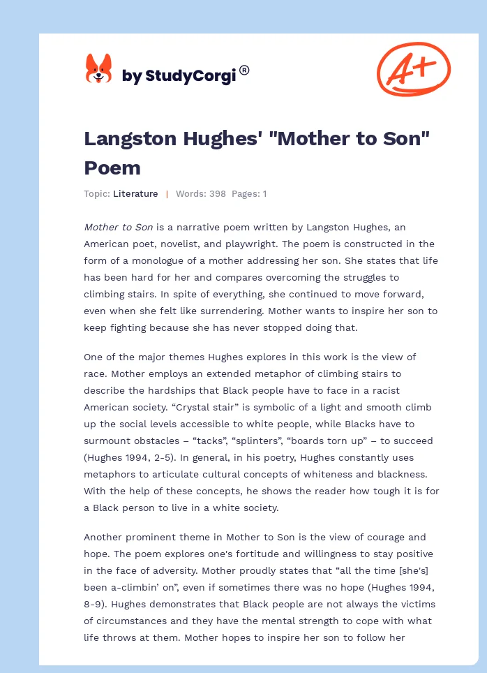 Langston Hughes' "Mother to Son" Poem. Page 1