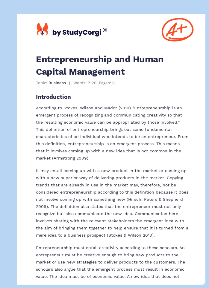 Entrepreneurship and Human Capital Management. Page 1