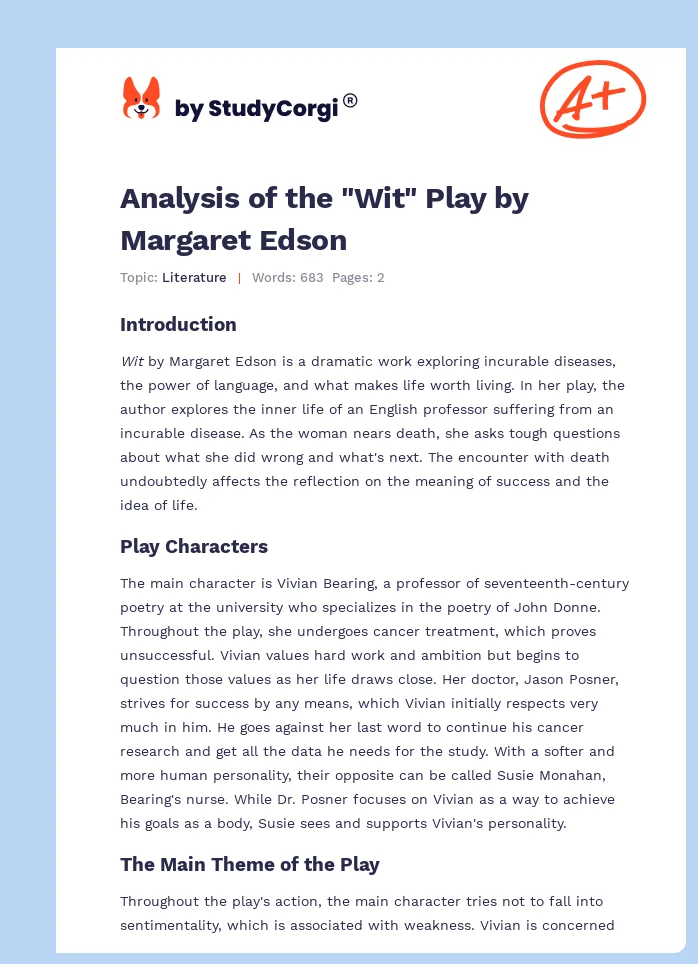 Analysis of the "Wit" Play by Margaret Edson. Page 1