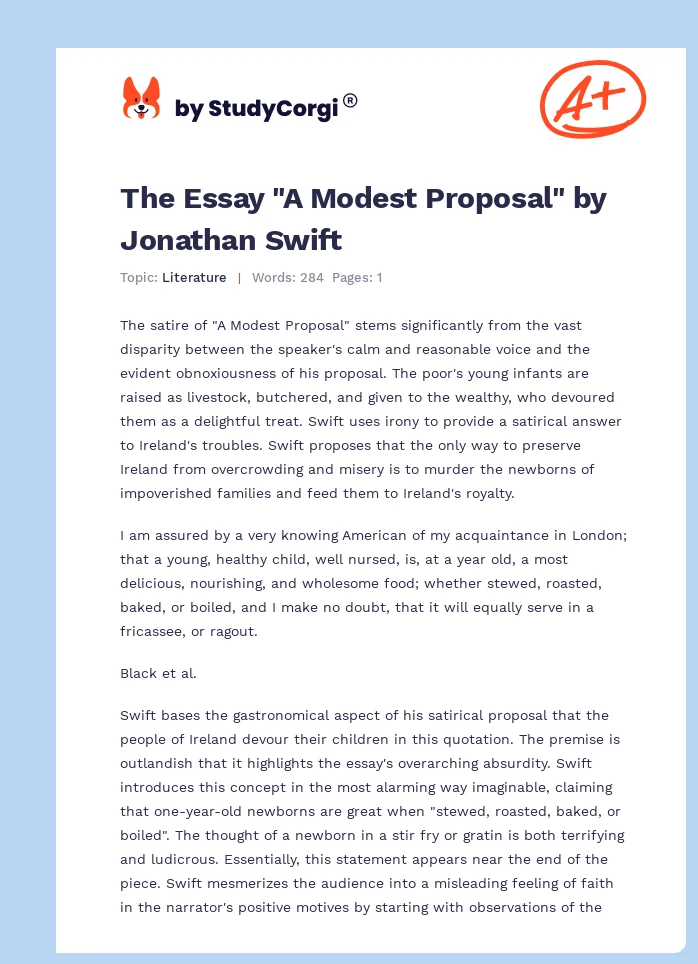 The Essay "A Modest Proposal" by Jonathan Swift. Page 1