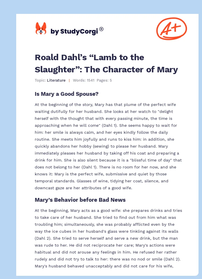 Roald Dahl’s “Lamb to the Slaughter”: The Character of Mary. Page 1