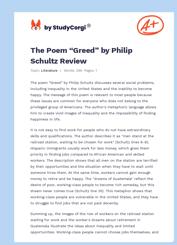 The Poem “Greed” by Philip Schultz Review. Page 1