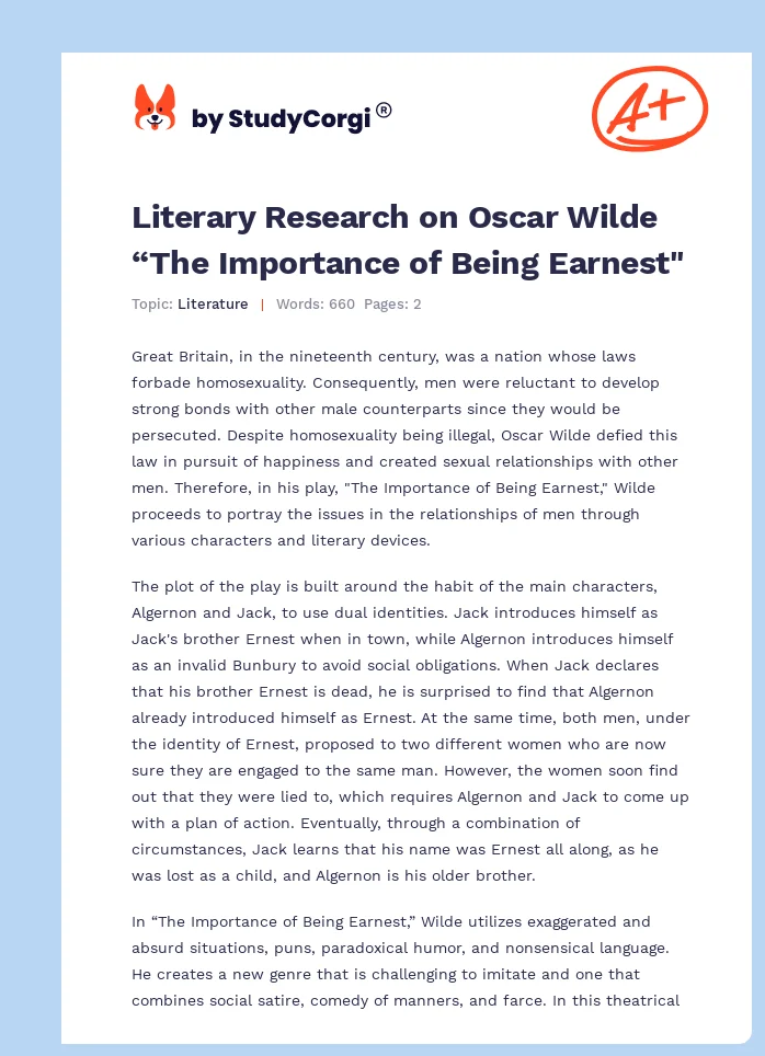 Literary Research on Oscar Wilde “The Importance of Being Earnest". Page 1