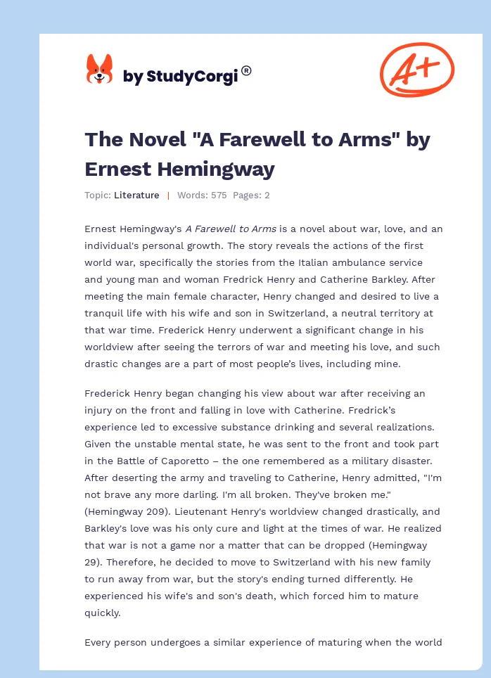 The Novel "A Farewell to Arms" by Ernest Hemingway. Page 1