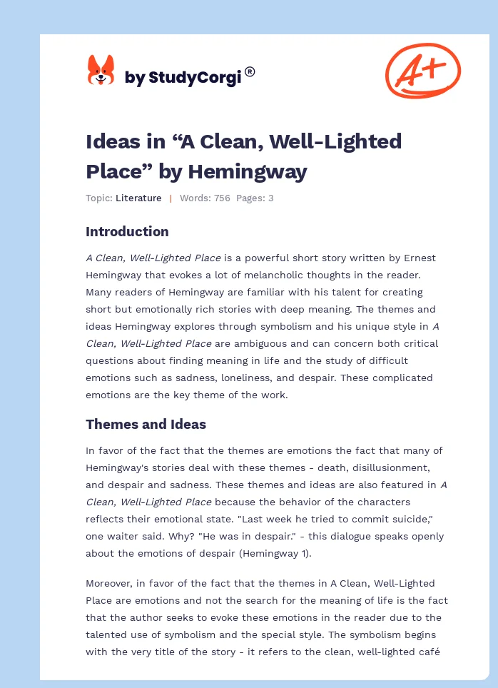 Ideas in “A Clean, Well-Lighted Place” by Hemingway. Page 1