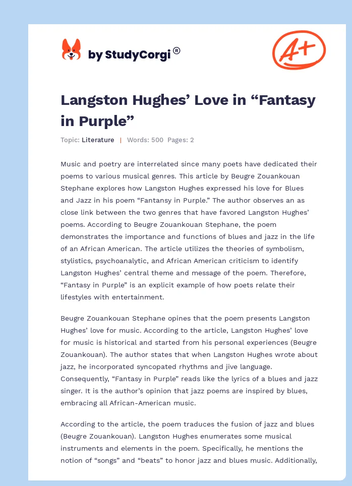 Langston Hughes’ Love in “Fantasy in Purple”. Page 1