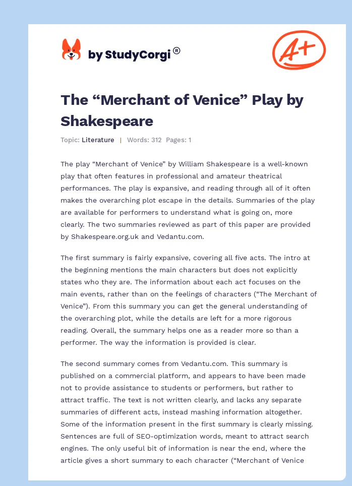 The “Merchant of Venice” Play by Shakespeare. Page 1