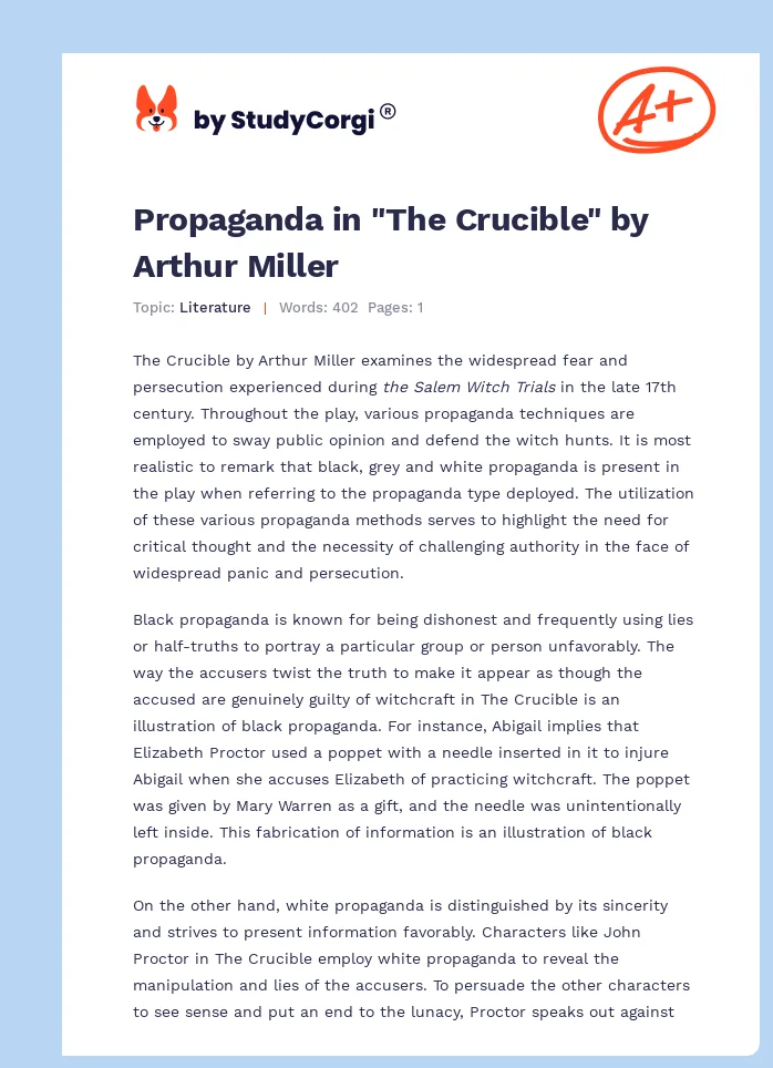 Propaganda in "The Crucible" by Arthur Miller. Page 1