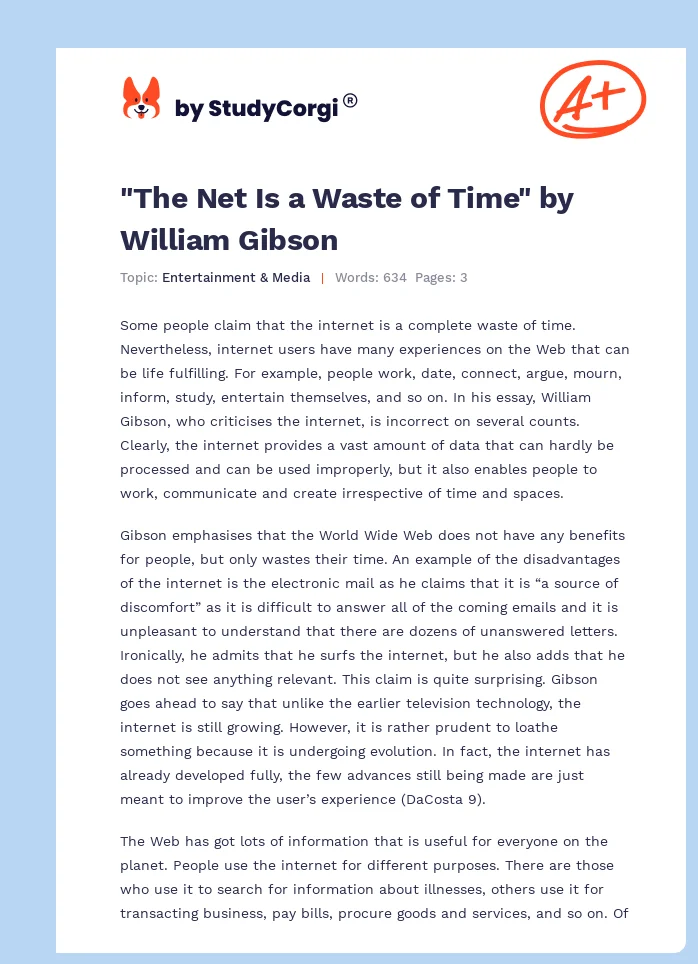 "The Net Is a Waste of Time" by William Gibson. Page 1