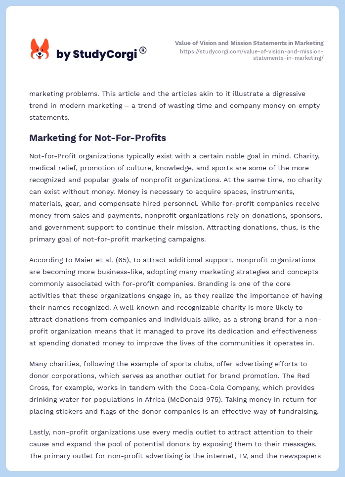 Value of Vision and Mission Statements in Marketing. Page 2