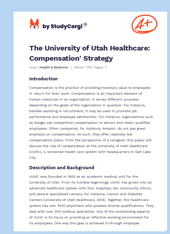 The University of Utah Healthcare: Compensation' Strategy. Page 1
