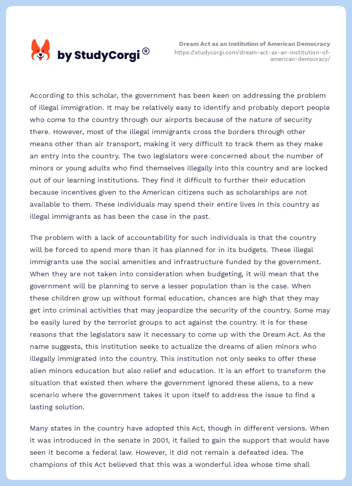 Dream Act as an Institution of American Democracy. Page 2