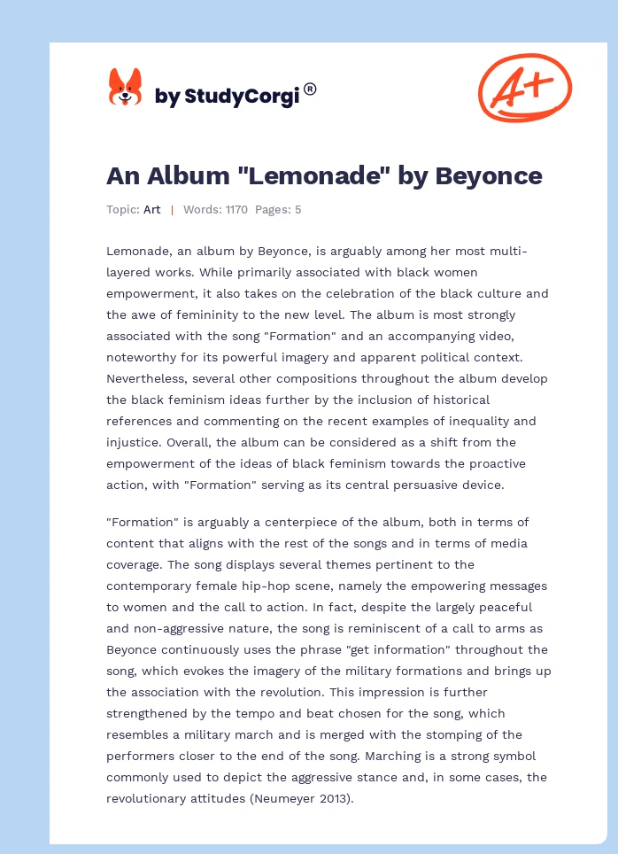 An Album "Lemonade" by Beyonce. Page 1