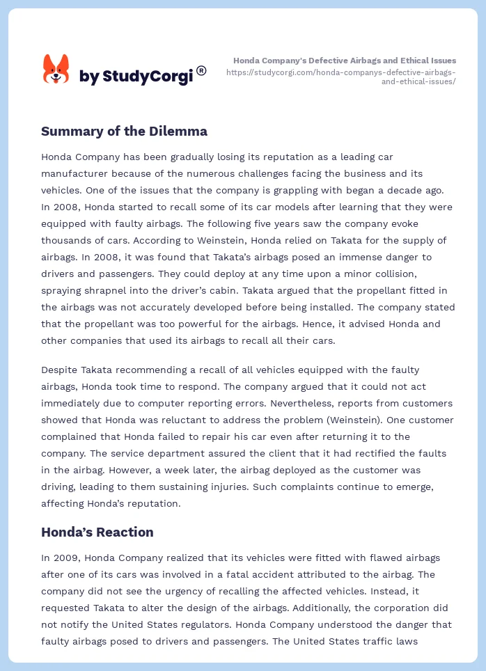 Honda Company's Defective Airbags and Ethical Issues. Page 2