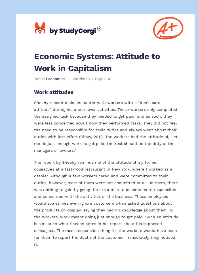Economic Systems: Attitude to Work in Capitalism. Page 1