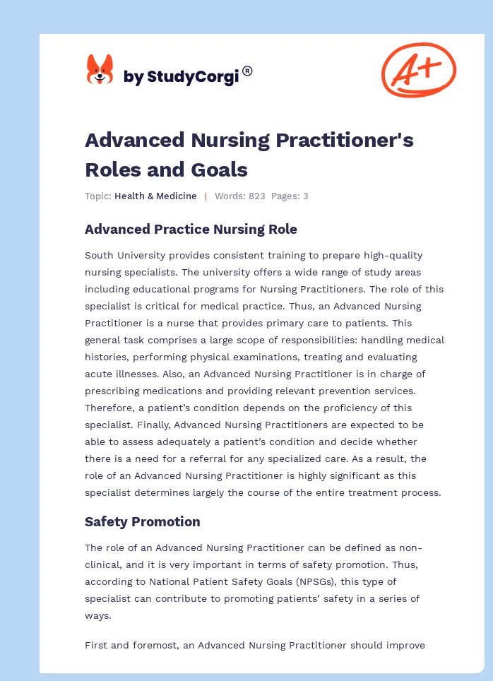 Advanced Nursing Practitioner's Roles and Goals. Page 1